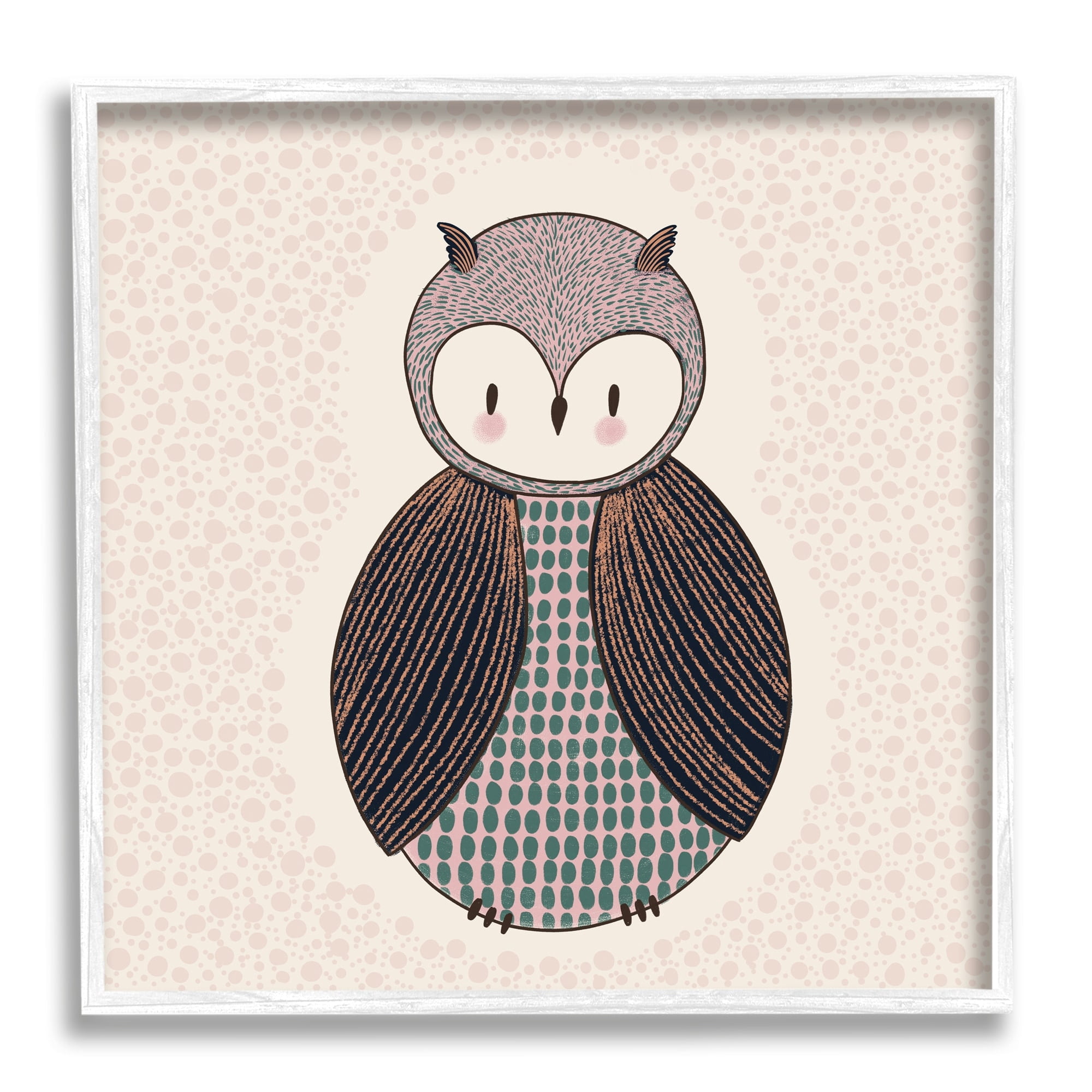 Stupell Industries Mixed Patterned Owl Bird Whimsical Spotted Shapes Graphic Art White Framed Art Print Wall Art, Design by Birgit Maria Kiennast