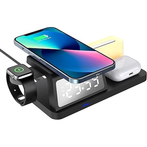 Multifunctional Wireless Charger with Clock, Alarm, Color Changing Night Light, 15W Wireless Charging, Compatible with Almost All Phones, Watches, and Headphones