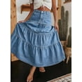 thumbnail image 2 of Light Blue High-Waisted Tiered Denim Maxi Skirt With Pockets, A-Line Boho Swing Jean Skirt For Women, 2 of 4