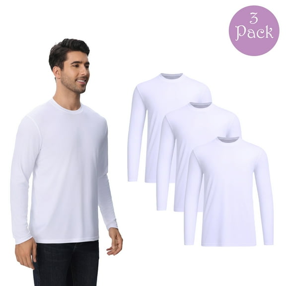 Zfeel Pure Dry Fit Poly Long Sleeve T-Shirt, Men's Crewneck White Classic Tee, 3 Pack Casual Shirt, S