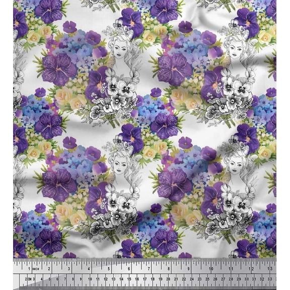 Soimoi Purple Polyester Crepe Fabric Women Face & Floral Print Sewing Fabric BTY 42 Inch Wide
