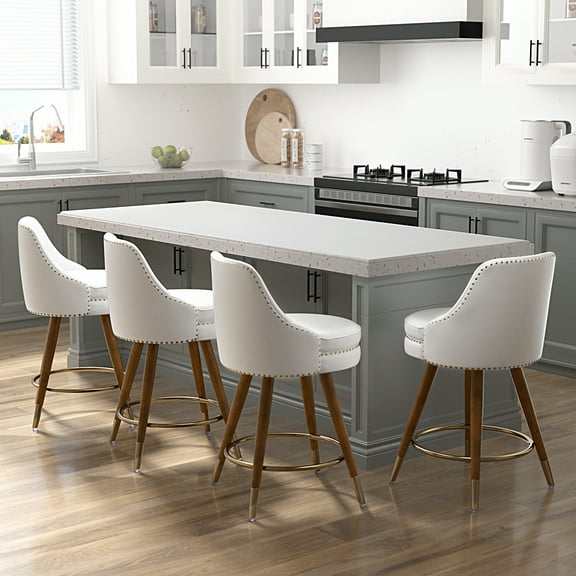 iooHug 24" Mid Century Swivel Bar Stool, Set of 4 Counter Height Bar Stools, PU Leather Counter Stools with Wood Legs for Kitchen Island, Dining Room, White