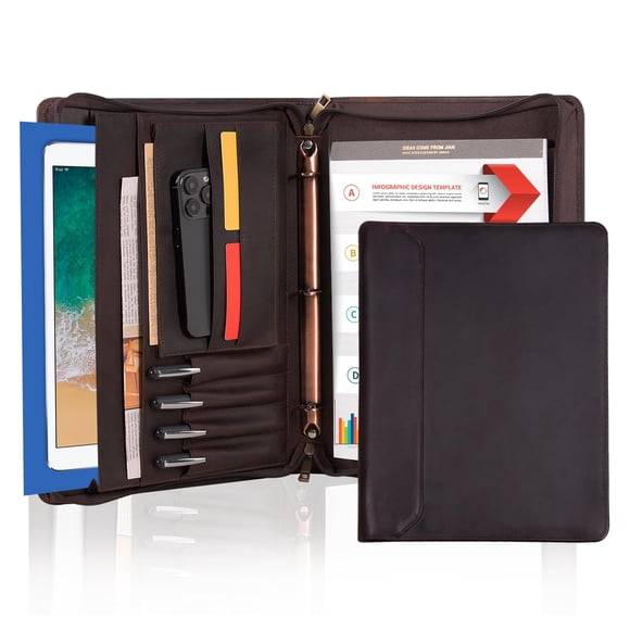 AZXCG Leather Portfolio for Men, 3 Ring Binder Professional Resume Portfolio Folder, Business Organizer Padfolio with YKK Zipper, Document Work Folio