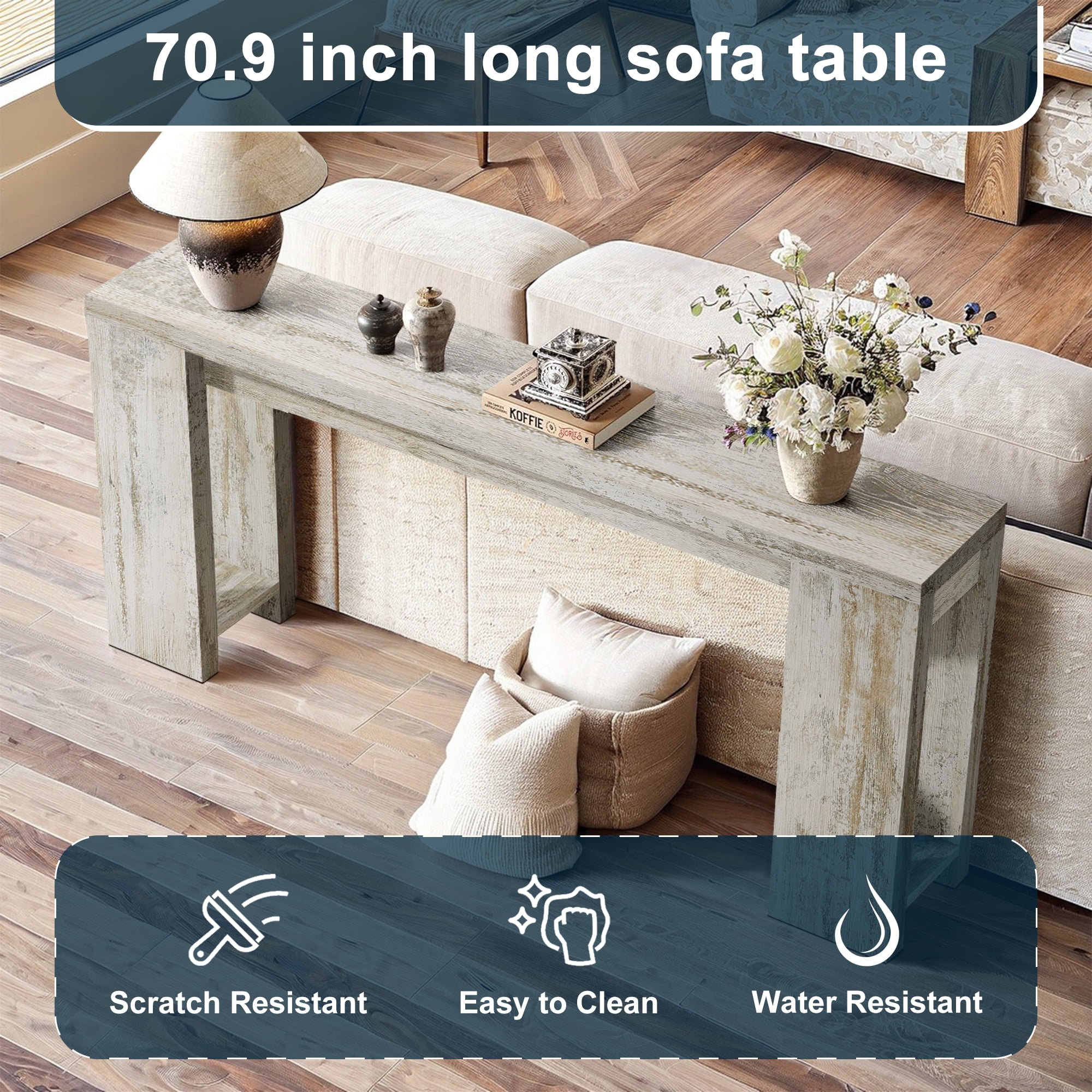 Demi Bonn 70.9" Wood Console Table, Farmhouse Sofa Table Entryway Table with Storage, Foyer Display Table, Light Gray