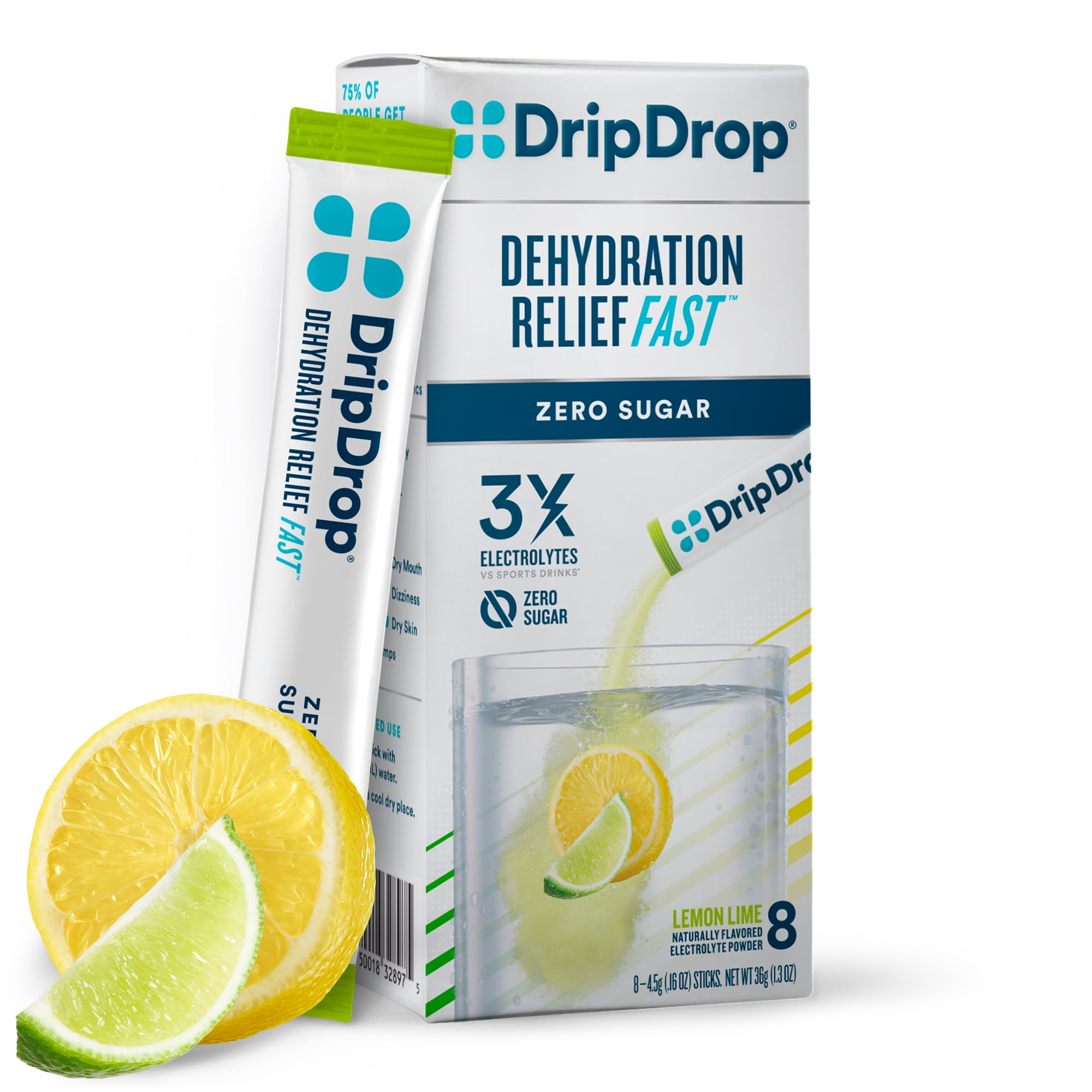 DripDrop Zero Electrolyte Powder Drink Mix for Dehydration Relief Fast, Lemon Lime, 8 ct