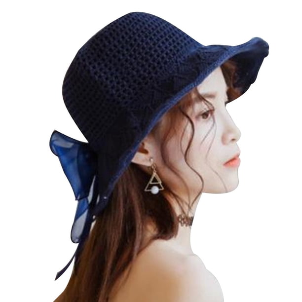 Qarigey Sombrero de paja gorra con lazo hecho a mano tejido hueco mujer cinta sombrilla accesorios de verano Sombreros azul marino
