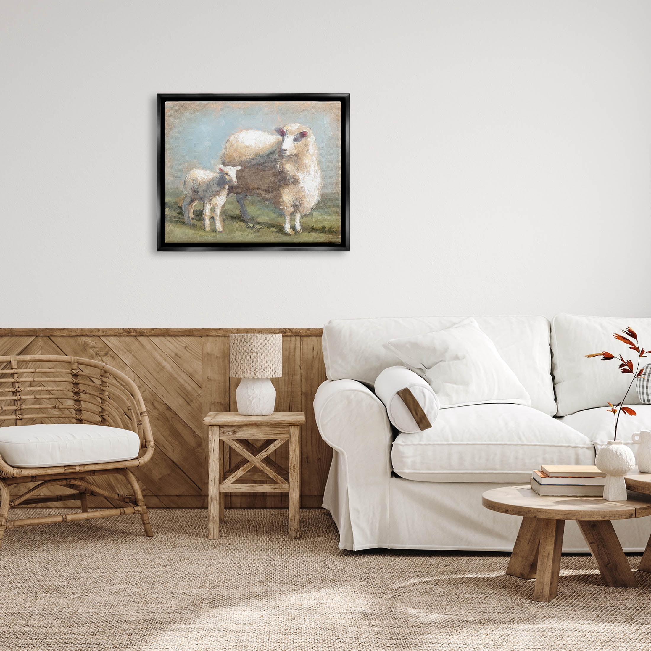 Sheep Lamb Family Farm Animals & Insects Painting Jet Black Framed Art Print Wall Art