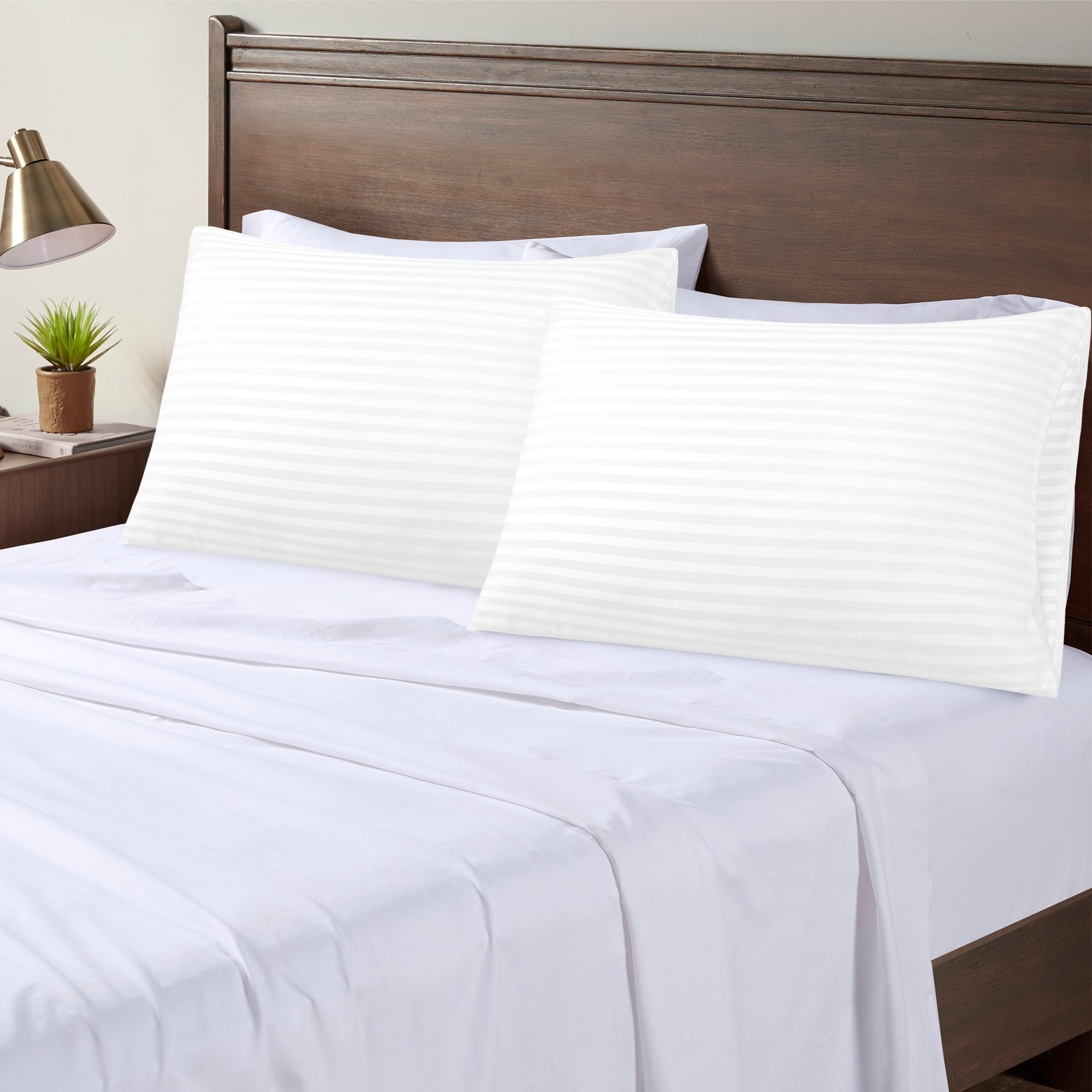 Unique Bargains Soft Durable Set of 2 Microfiber Striped Pillowcase White Standard（20"x26")