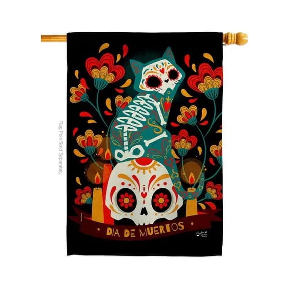 Breeze Decor Suger Skull Gato Fall Time Day of Dead Halloween Cat Flag  House Flag 28" x 40" Double Sided-Thick Fabric Made in USA