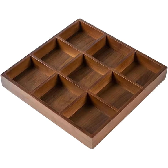Nine Compartment Bamboo Serving Tray, Divided Sushi and Snack Organizer for Home Parties