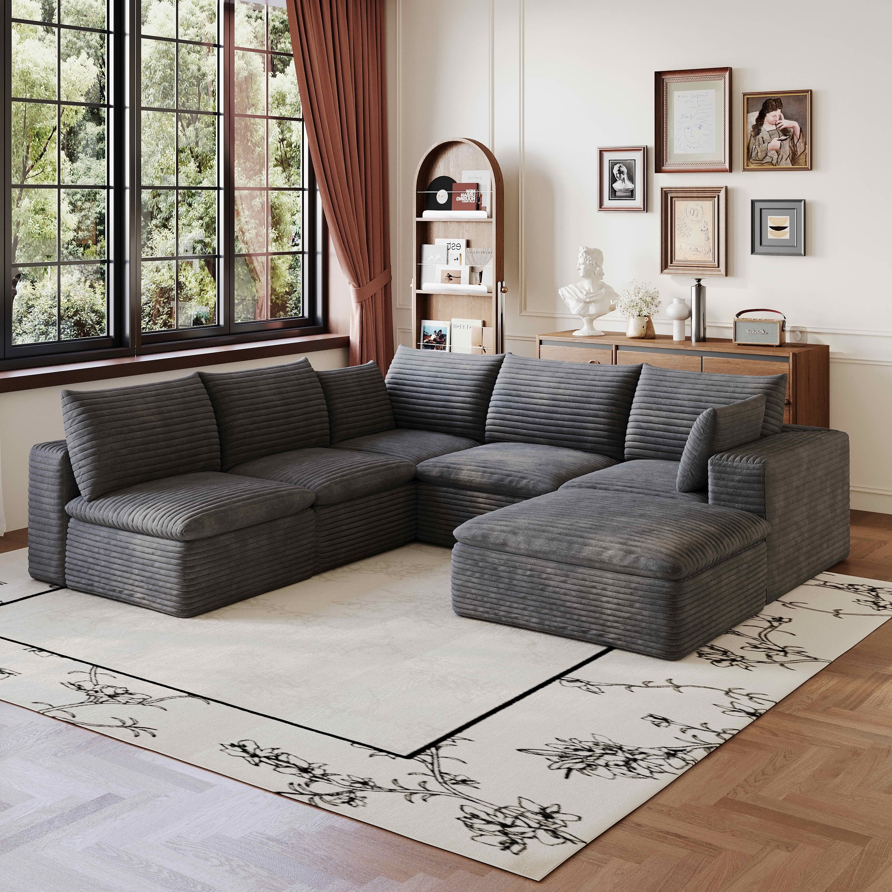 MAYEERTY 99×103-Inch Dark Gray Corduroy 6-Seat Cloud Modular Sofa, Deep Seat DIY Combination Couch with Removable Cushion No Assembly Required