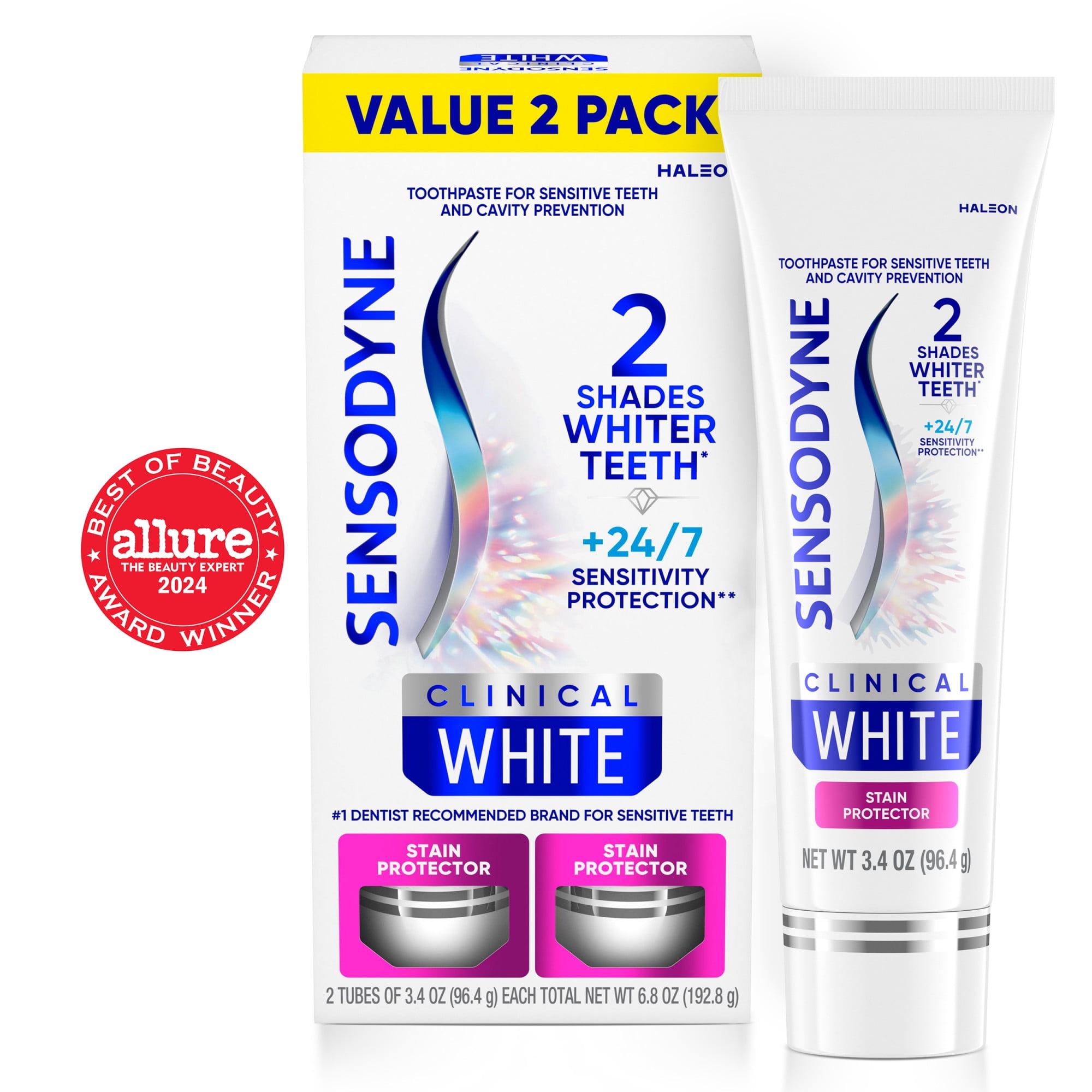 Sensodyne Clinical White Toothpaste Clinically Proven Whitening for Sensitive Teeth, Stain Protector, 3.4 Oz x 2