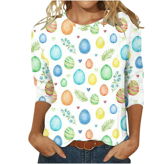 Giftesty Women's Short Sleeve Retro Round Neck Printed Loose Tops Blouse Three Quarter Sleeve