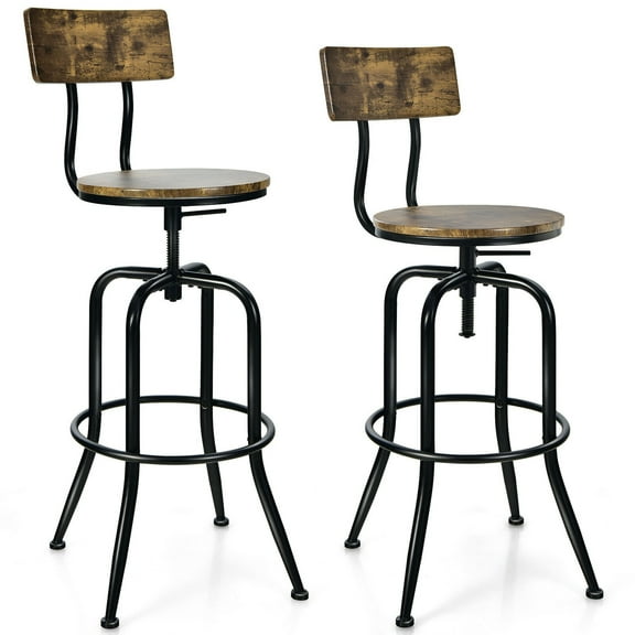 Gymax Round Seat Swivel Curved Backrest Adjustable Height Bar Stools, Rustic Brown/Black (Set of 2)