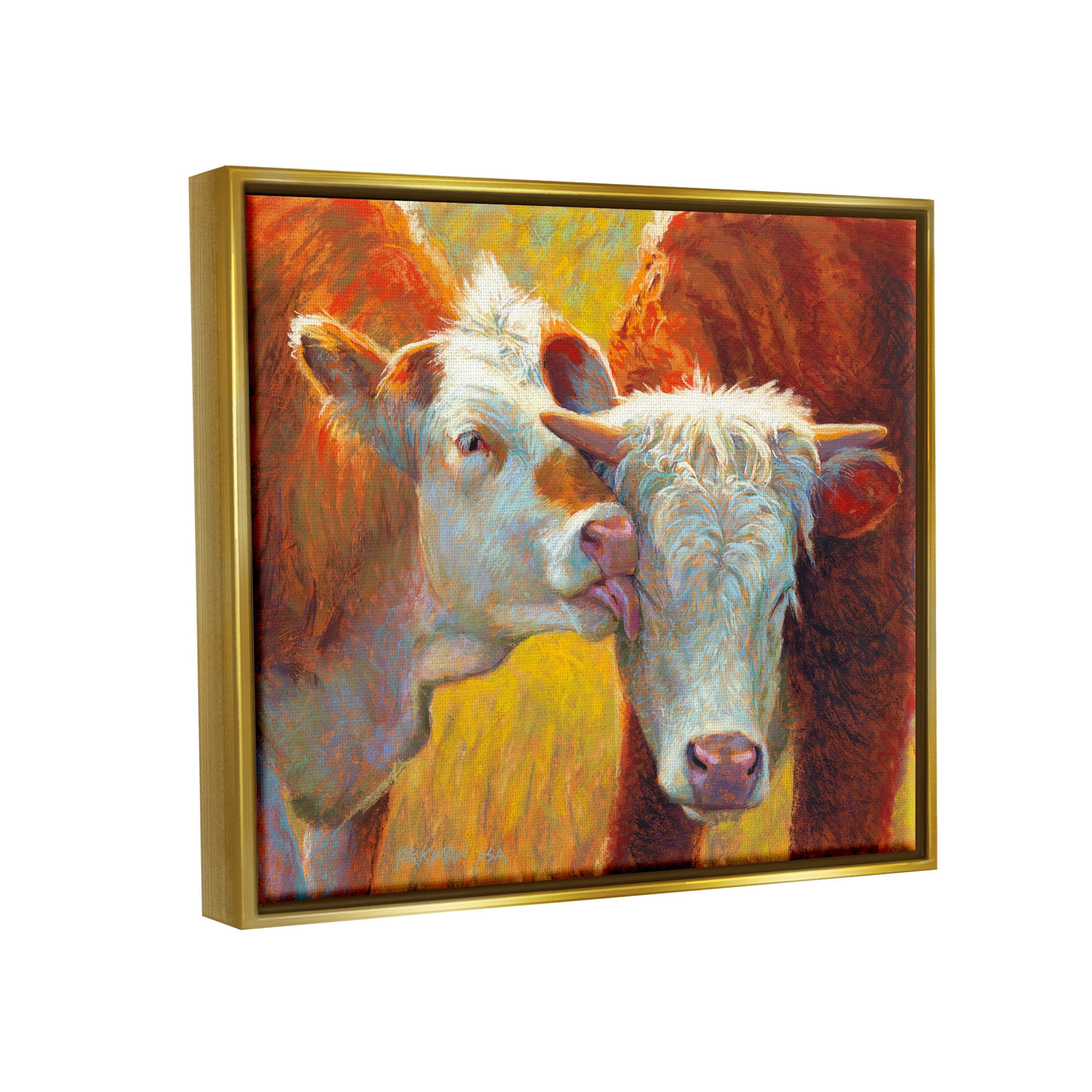 Cow Licking Farm Animals Animals & Insects Painting Metallic Gold Framed Art Print Wall Art