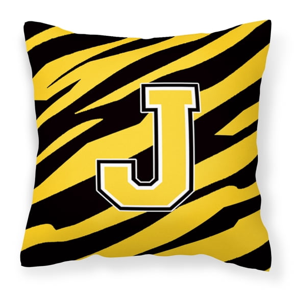 Letter J Initial Tiger Stripe - Black Gold  Fabric Decorative Pillow
