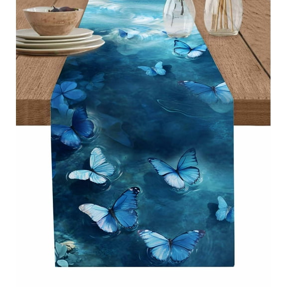 Hokiten Table Runners 36 Inches Long Dress Scarves, Blue Butterfly Farmhouse Kitchen/Dining Table Runner, Short Coffee Tablerunners, Modern Elegant Water Ripples 13x36 Inch