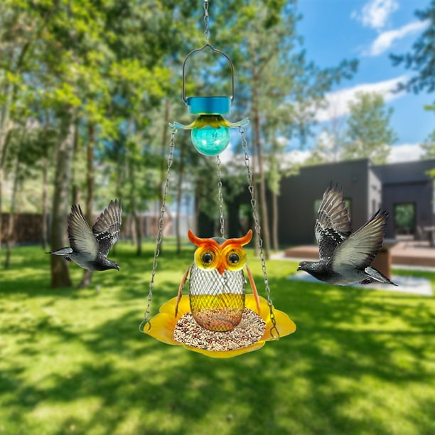 Hogar y cocina, Iluminación ambiental, Luces LED, Luz solar para exteriores, Comedero solar colgante para búhos de hierro forjado con flores y vidrio agrietado, comedero para pájaros