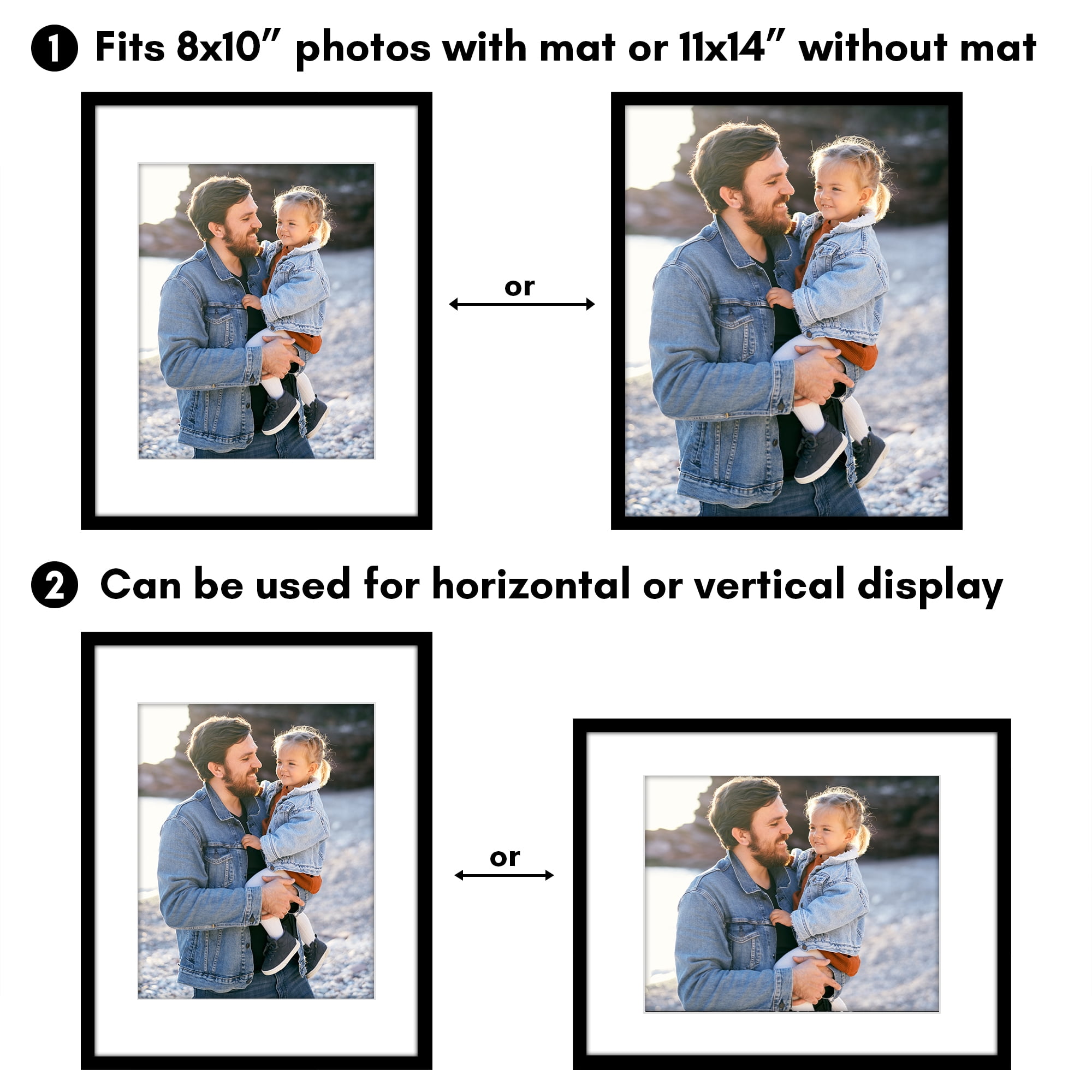 Americanflat 11x14 Picture Frame with 8x10 Mat Shatter-Resistant Glass 2 Pack Frames Display Photo Streamline - Black