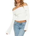 thumbnail image 5 of Womens Off Shoulder Ribbed Knit Crop Sweaters Long Sleeve Slim Pullover Jumper Tops, 5 of 6