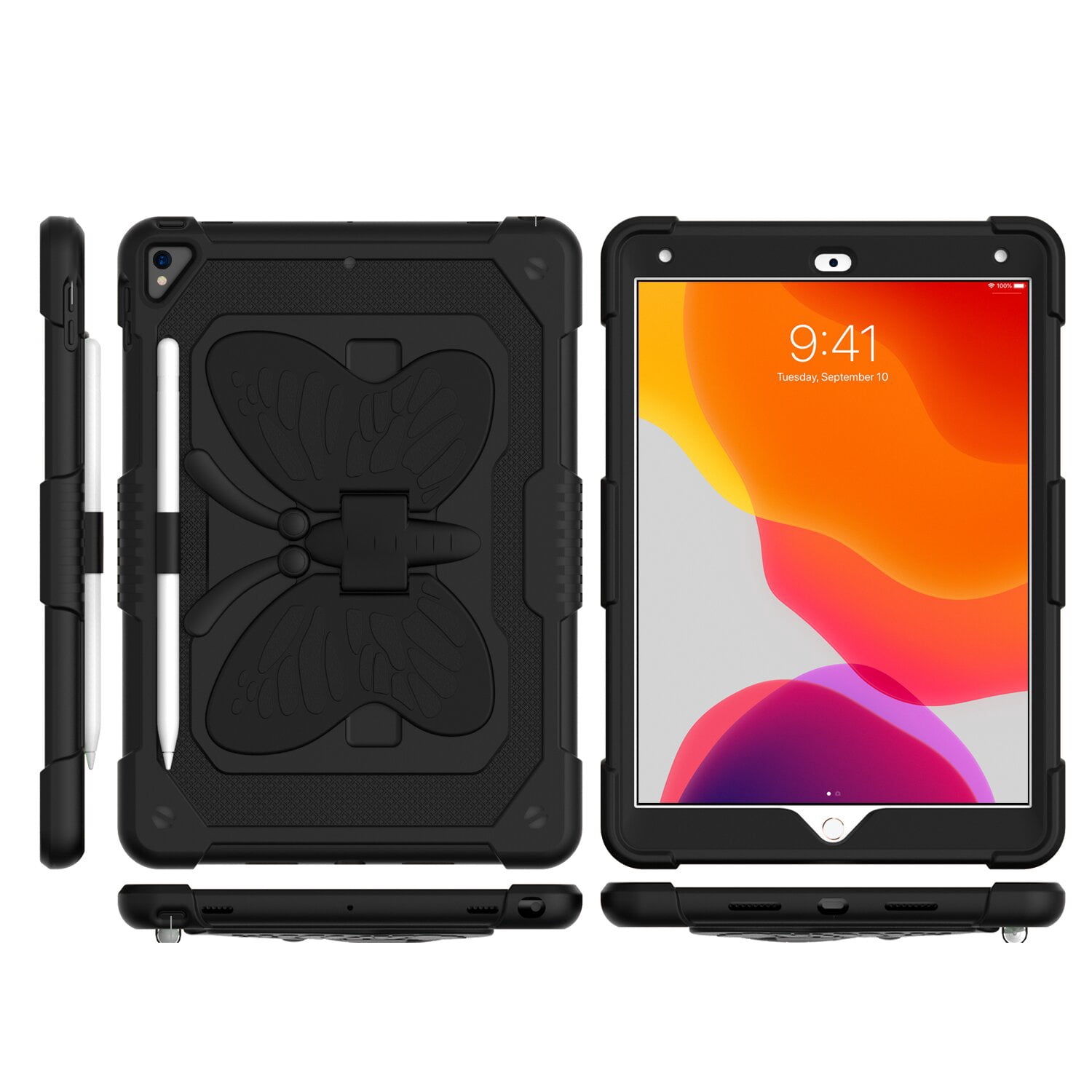 Case For Apple iPad Pro (11 inch) 2024 Butterfly Wings Kickstand Tough 3in1 Hybrid with Pencil Holder Rugged Shockproof with Shoulder Strap Tablet Cover [ Black ]