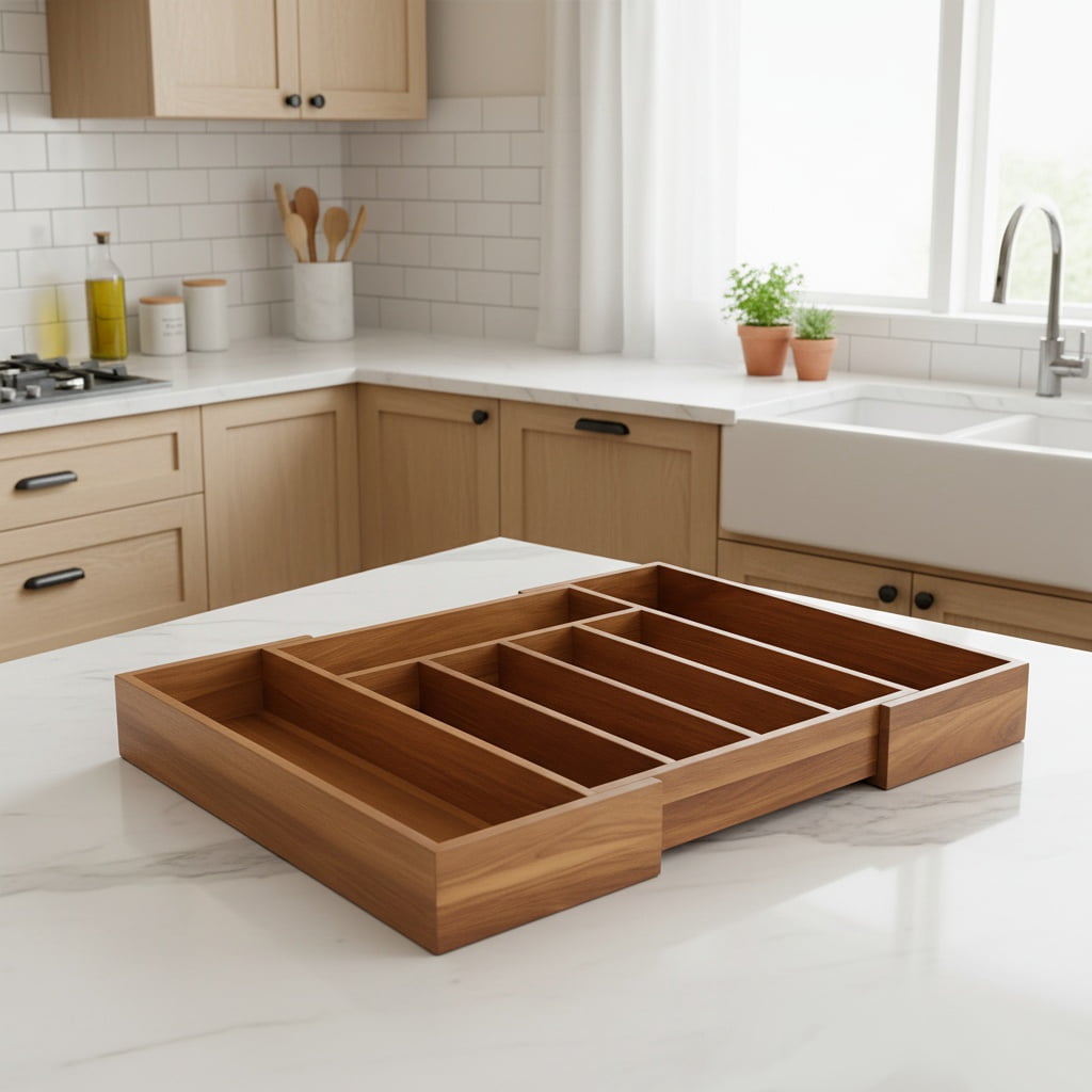 Expandable Acacia Wood Kitchen Drawer Organizer, Adjustable Utensil & Cutlery Organizer with Knife Block, Wooden Kitchen Drawer Organizer