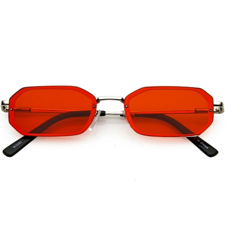 Small Rimless Rectangle Sunglasses Color Tinted Lens 53mm (Silver / Red)