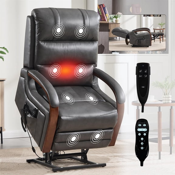 Spaco Power Faux Leather Lift Recliner Chair Dual Motor Infinite Position Up to 350 lbs with Solid Wood Armrests, Heat Massage and Heavy Duty Motion Mechanism, Gray