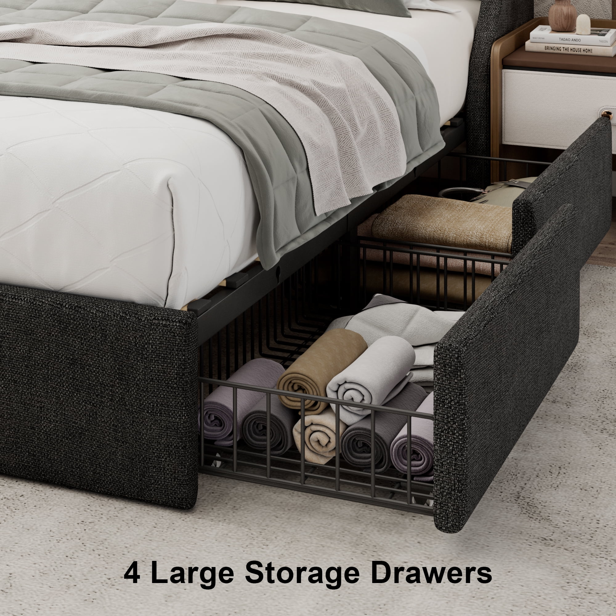 ベッドフレーム BED + MATTRESS with storage - 160x200 cm Honfach Queen Bed Frame, Upholstered Storage Bed with 4