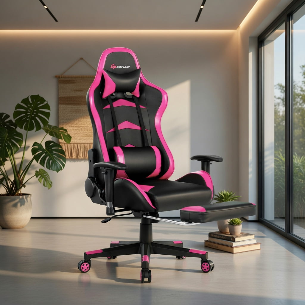 Demi Bonn Massage Gaming Chair with Footrest, Computer Chair with Headrest and Lumbar Support, Pink