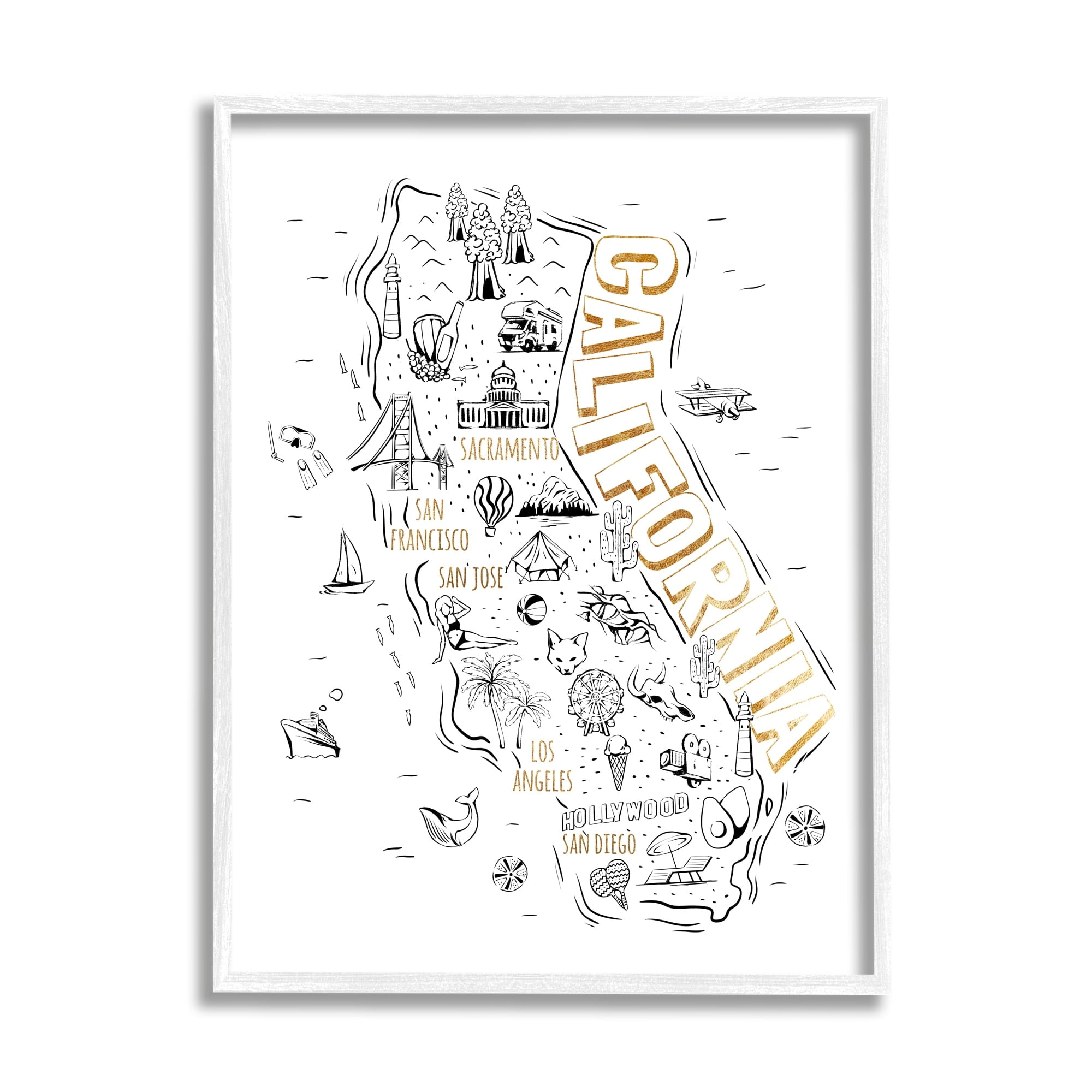 Stupell Industries Illustrated California State Landmarks Map Diagram, 16 x 20, Design by Ziwei Li