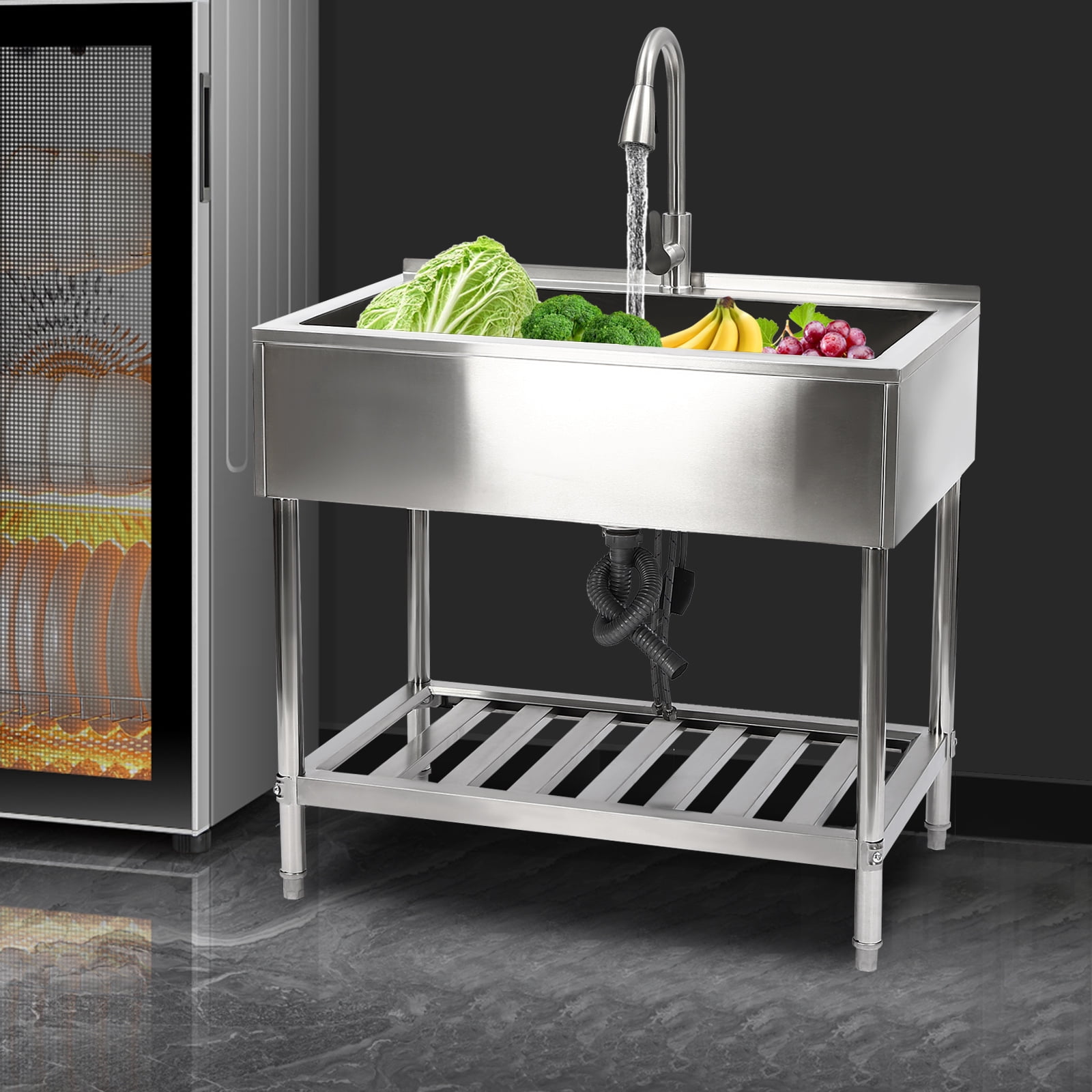 Miumaeov Utility Sink Freestanding Single Bowl Kitchen Sink Stainless Steel Sink with with Hot and Cold Dual Tap Freestanding