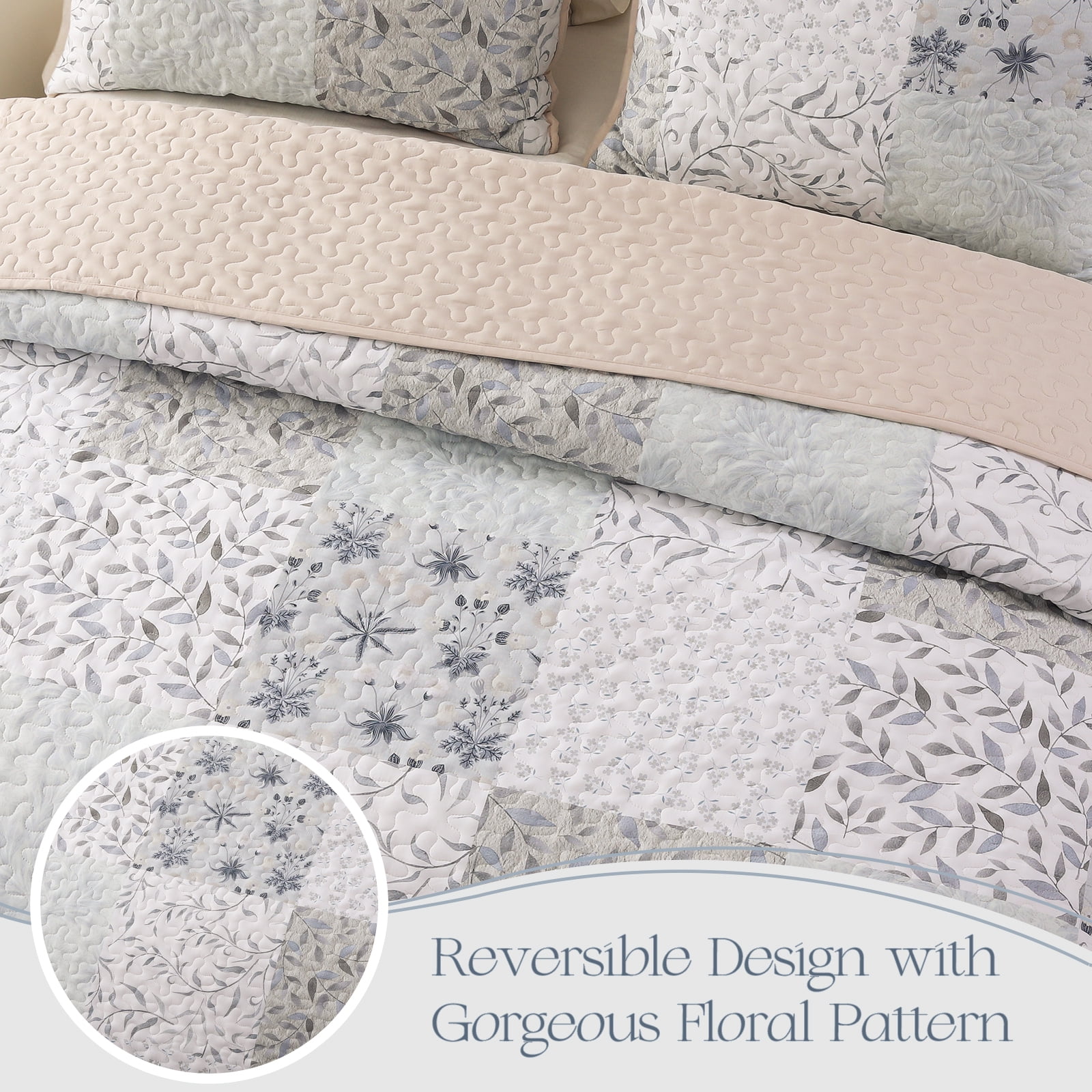 Exclusivo Mezcla Reversible Boho Quilt Set King Size, 3 Pieces Patchwork Gray All Season Bedspreads, Ultra Soft Floral Coverlet Bedding Set with Printed Pattern (1 Quilt, 2 Pillow Shams)