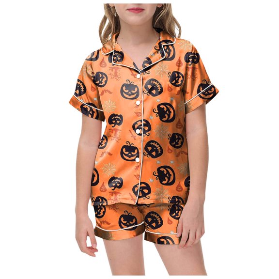 ASEIDFNSA Girls Pajama Shorts Set with Halloween Spooky Print and Relaxed Lounge Fit (Orange,6-7 Years)