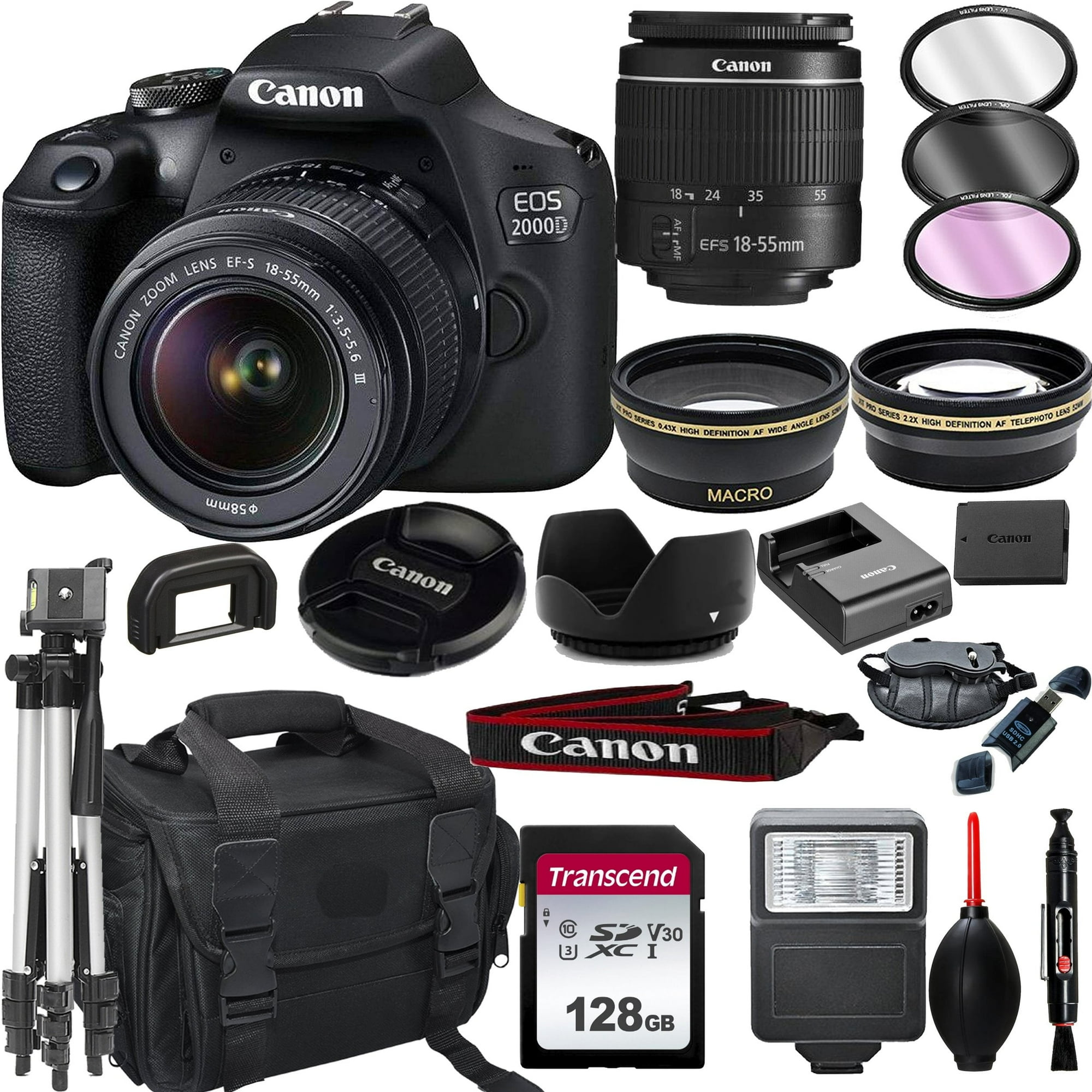Canon EOS 2000D Rebel T7 DSLR Camera with 18-55mm f/3.5-5.6 Zoom Lens + + 128GB Card, Tripod, Flash, and More 20pc Bundle (International Version)