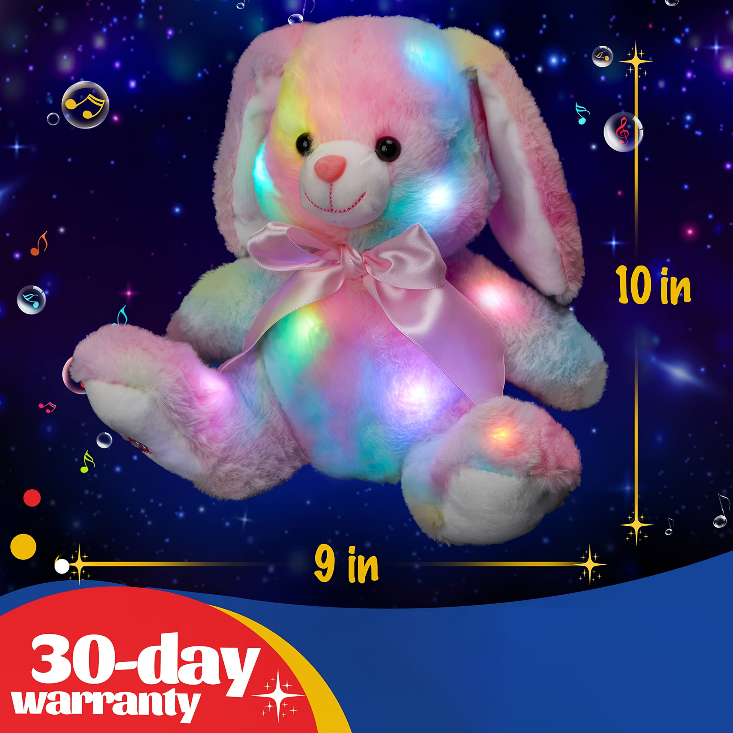 Glow Guards 10'' Easter Light up Rainbow Bunny Stuffed Animal,Soft Glowing Rabbit Plush Toy with Lop Eared Night Light,Birthday Christmas for Kids,Girls,Boys