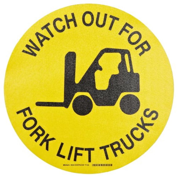 Brady 92404 17" Diameter B-819 Vinyl Film With Clear, Matte Anti-Slip Overlaminate, Black On Yellow Color Floor Safety Sign, Legend Watch Out For Forklift Trucks (With Picto)