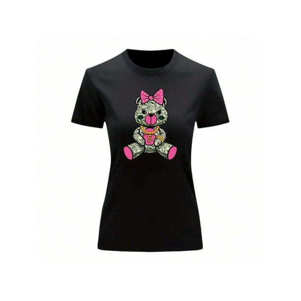 Playera Blusa De Osita Con Dolares Ropa De Mujer Juvenil Oso Dinero Color Negro Talla Chica Marca Emil SaEs