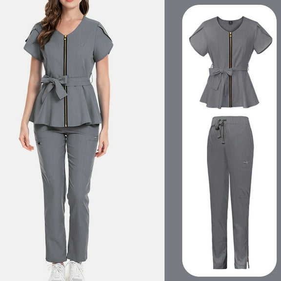 Gray Scrubs For Woman Set,Scrubs for Women Set with Zip Medical Scrub Set Nursing Top & Pant Solid Modern Sexy Design Uniforms Clearance - Gray - XXL