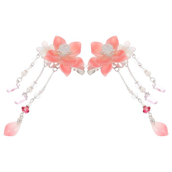 PTOOTP 1 Pair Chinese Hairpin Flower with Tassel Decoration in Orange Pink for Hair Accessories