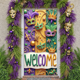 thumbnail image 6 of Colorful Mask Mardi Gras Banner Feather Adorned Carnival Display Purple Green Yellow Gold Accent Festive Backdrop for Carnival Party Mardi Gras Celebration Indoor Event, 6 of 9