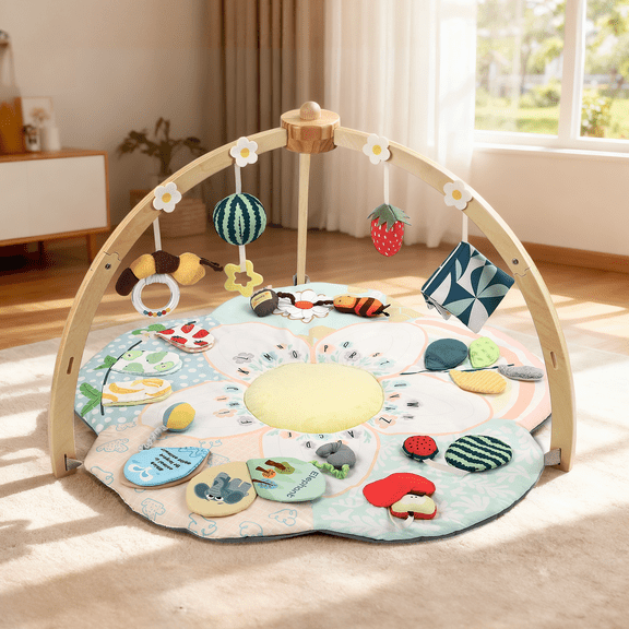 Flower Shaped Baby Play Mat with Wooden Frame, 4 Hanging Toys, Infant Tummy Time Sensory Play Mat, Newborn Gift