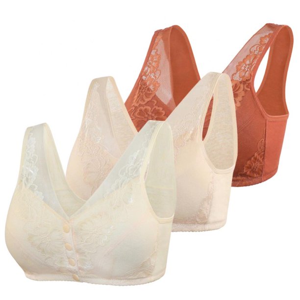 Linen Purity Bra for Older Women Front Closure Padded Floral Lace Push up Full Cup UltraSoft