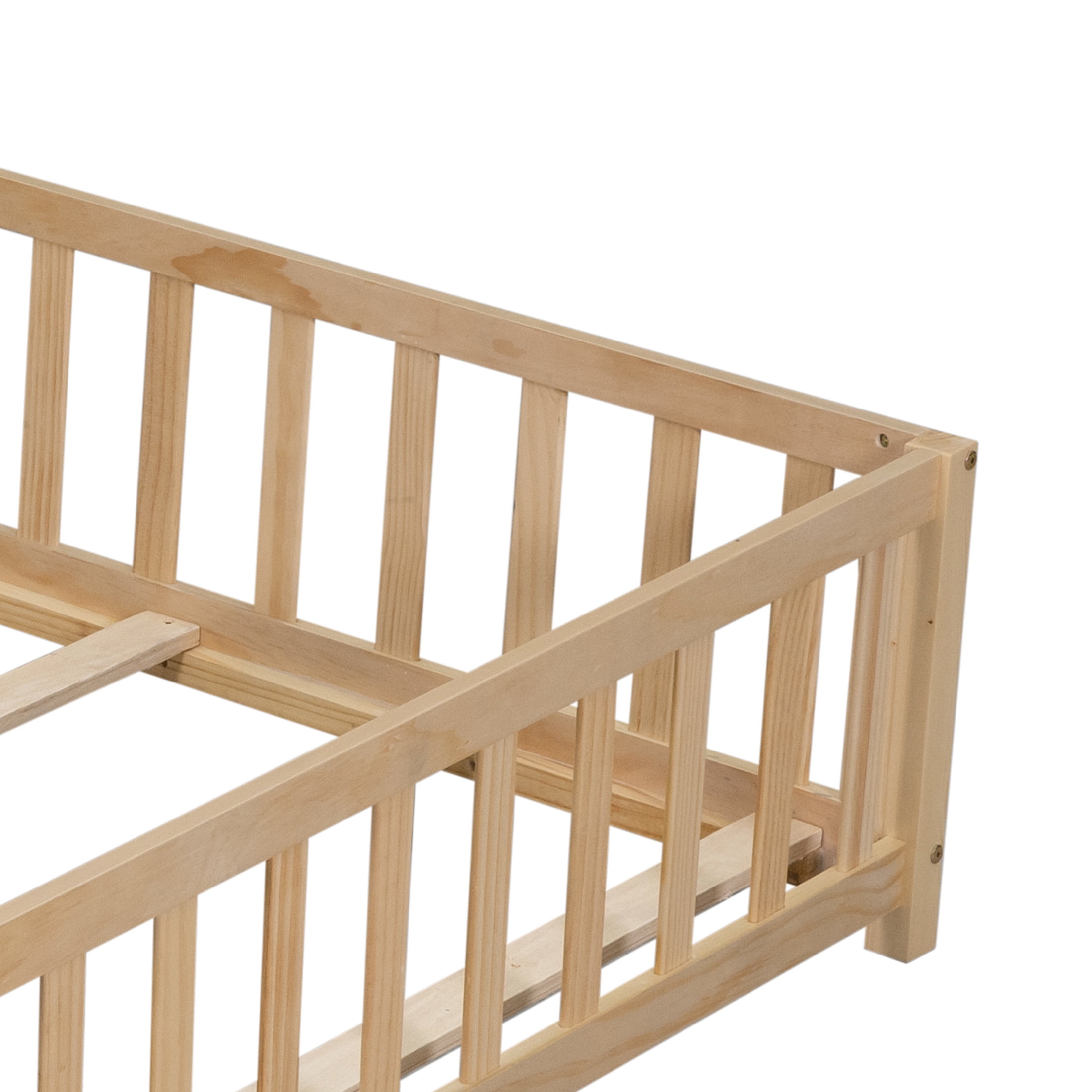 Noble House Full-Size Montessori Floor Platform Bed, Solid Wood Floor Beds with Fence & Door, Toddler-Safe, Natural
