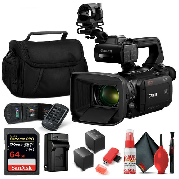 Canon XA70 UHD 4K30 Camcorder with Dual-Pixel Autofocus (5736C002)   64GB Memory Card, Extra Battery, Extra Charger, Large Case, Cleaning kit, & more (International Version)