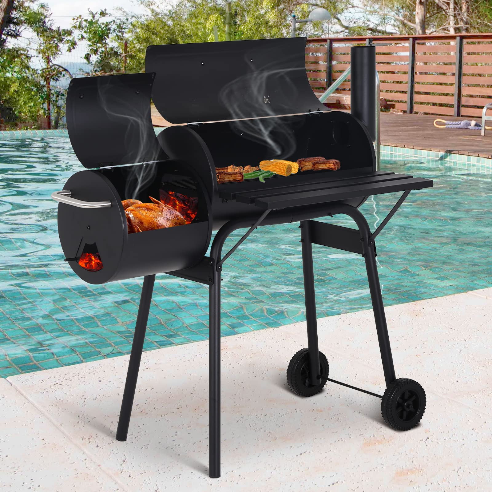 NiamVelo BBQ Charcoal Grills Outdoor BBQ Grill Camping Grill, Stainless Steel Grill Offset Smoker with Cover, Portable BBQ Barbecue Grill for Picnic Camping Party, Black