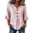 thumbnail image 2 of Qulqfy Blouses for Women Striped Fall 3/4 Sleeve Casual Pink Henley V-Neck Dressy Button Up Ruffle Womens Tops L, 2 of 5