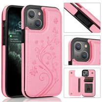Feishell Back Case for iPhone 13,Embossed Pattern PU Leather Wallet Phone Case with ID Credit Card Slots Shockproof Magnetic Buckle Back Flip Holder Protective Cover,Pink