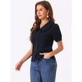 thumbnail image 4 of DARING DIVA Women's Peter Pan Collar Puff Short Sleeve Button Chambray Shirt M Navy Blue, 4 of 6
