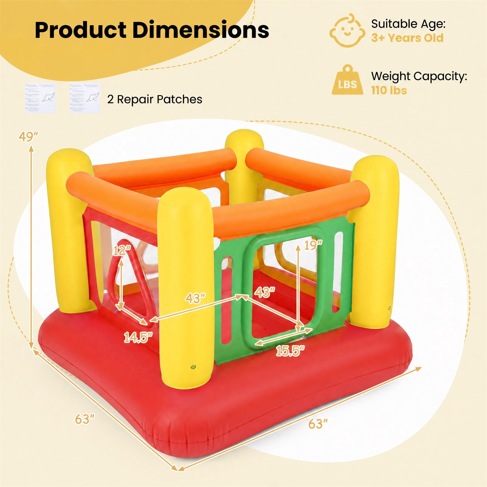 Costway Inflatable Bounce House for Kids, Blow Up Jumping House with Transparent Side Walls Red + Yellow + Orange